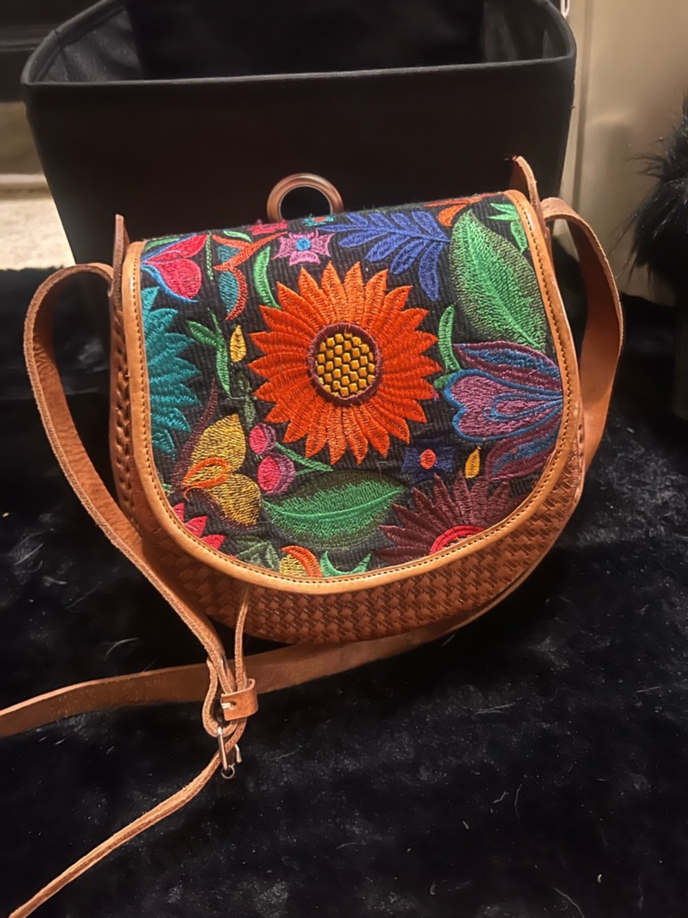 Embroidered Sunflower Crossbody Bag in Tan and Multicolor 9.5x9.5in ht and width